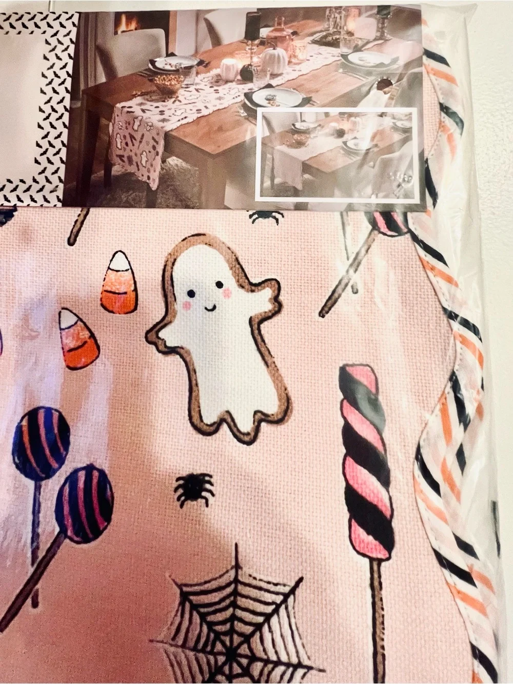 Pink Halloween Creepy Confections Reversible Table Runner Cookies Candy